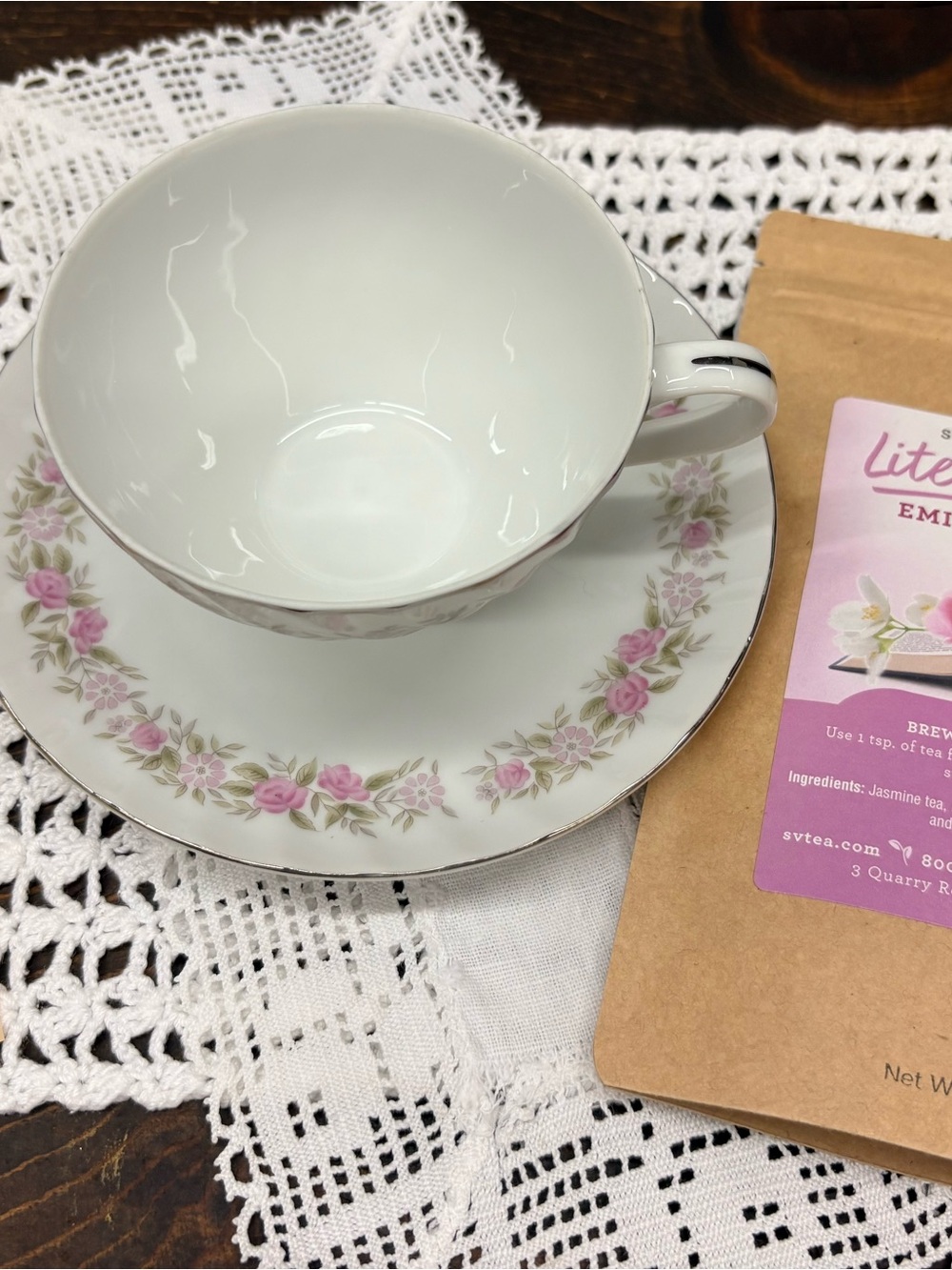 Teahouse Rose Cup and Saucer Set with a 5oz bag of Literary Tea